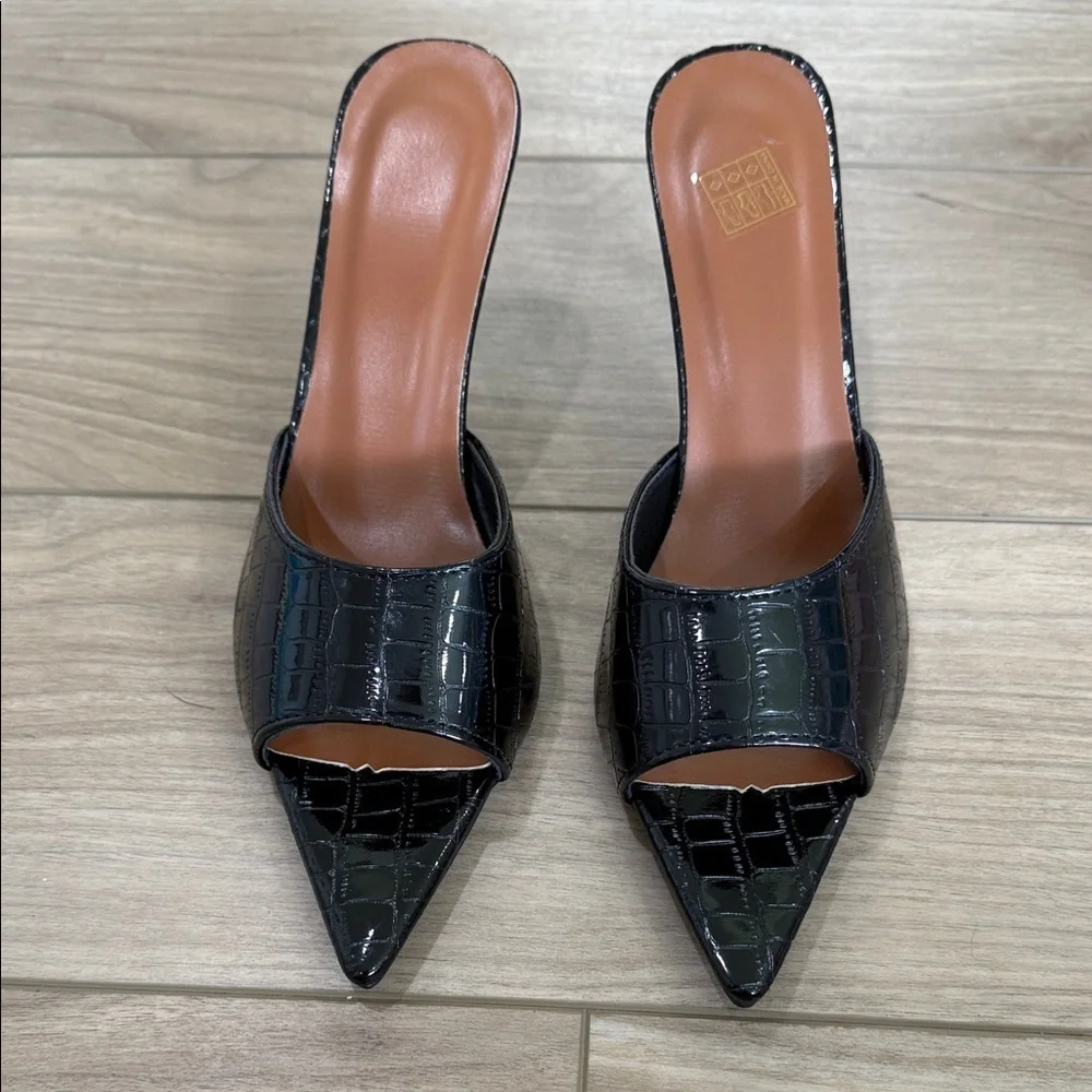 SHEIN Black Croc-Embossed Pointed Toe Mule Heels